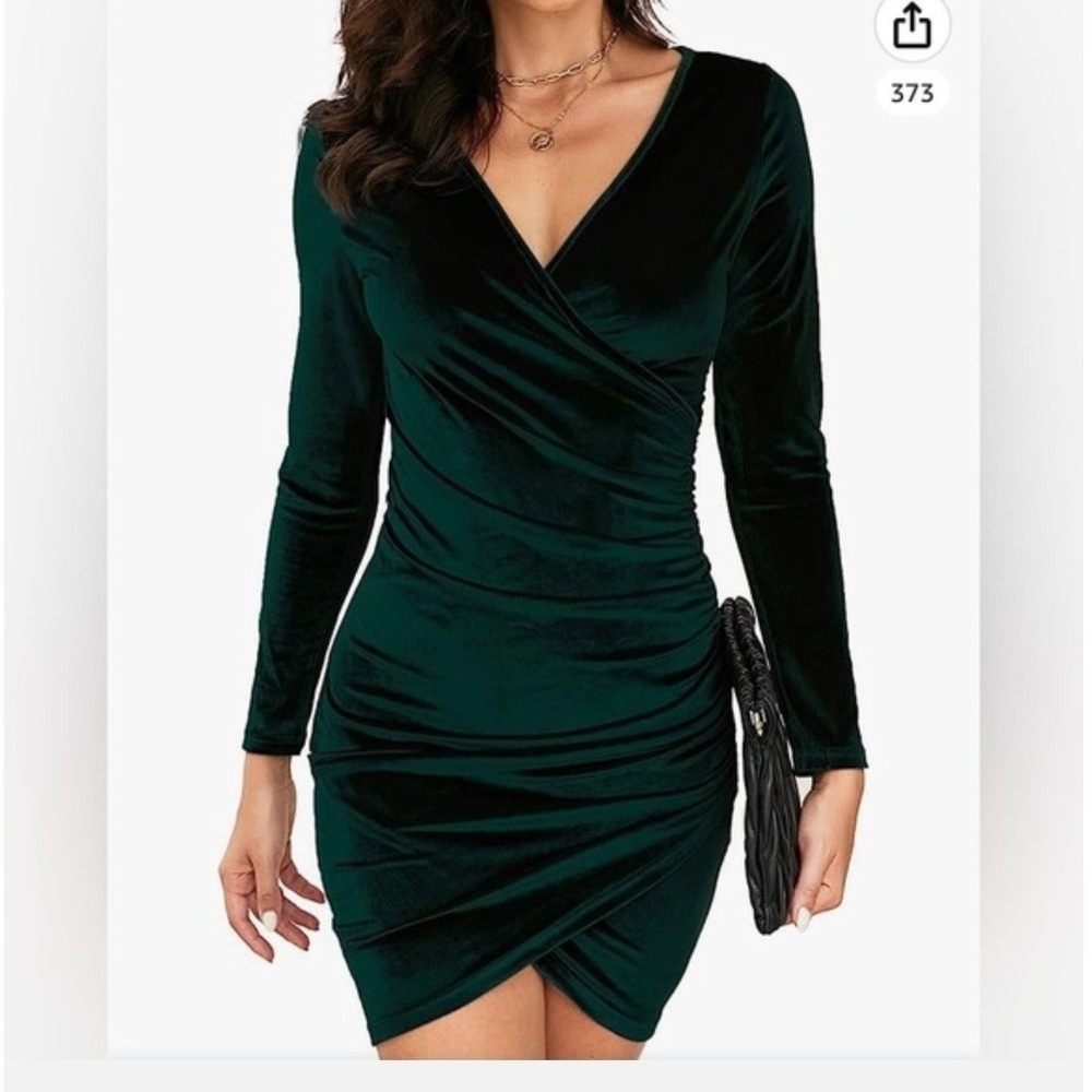 Qearal Velvet Dress XL Green  Ruched Wrap V-Neck Long Sleeve Whimsigoth Y2K Luxe